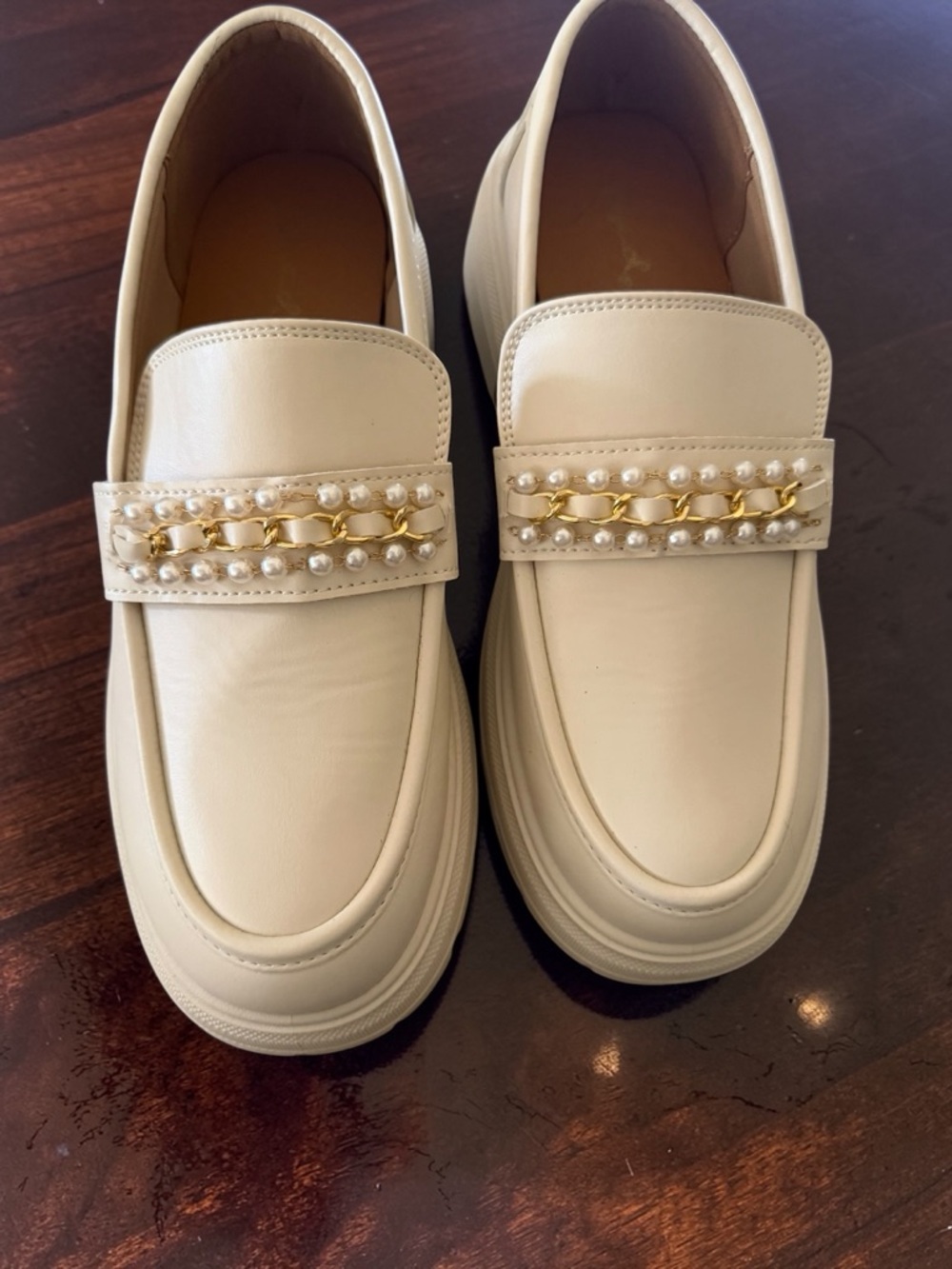Qupid Cream Loafers with Pearl & Gold Chain Trim